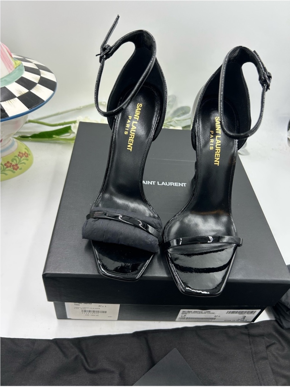 Saint Laurent YSL  Black Patent  Opyum Logo-Heel Ankle-Strap Sandals. Size 37.5 - Picture 10 of 10